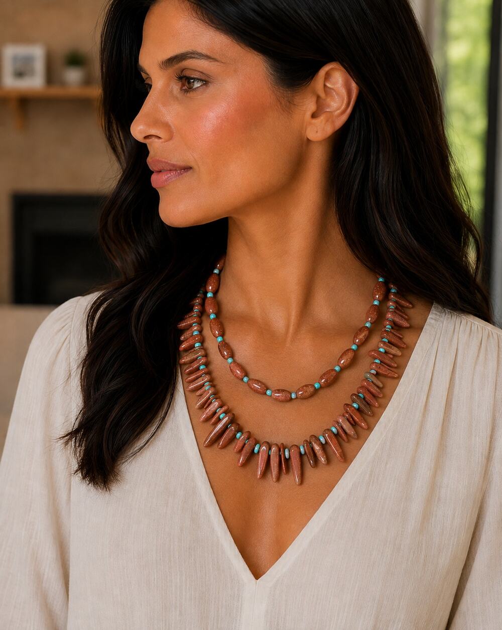Navajo Mary W Roanhorse 'Chaco Sun Dagger' 2 Sunstone Necklace Set